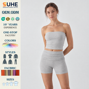 ชุดโยคะ SUHE เสื้อครอปแบบไร้สาย กางเกงขาสั้นเอวสูง สีชมพู ผ้าไร้รอยต่อ แต่งระบาย 2 ชิ้น ผ้าสแปนเด็กซ์ ยืดหยุ่น กระชับรูปร่าง เหมาะสำหรับออกกำลังกาย - Product Image 2