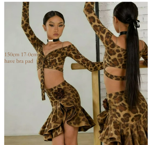Completo <span class=keywords><strong>Sexy</strong></span> da Ballo Latino con Stampa Leopardata, Top e Gonna a Maniche Lunghe, per Samba, Rumba, Danza con Paillettes, Abbigliamento da Spettacolo per Bambini - Product Image 5