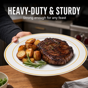 Platos <span class=keywords><strong>de</strong></span> Plástico Dorados, Platos Desechables <span class=keywords><strong>con</strong></span> Borde Dorado, Platos para <span class=keywords><strong>Cena</strong></span>, Ensalada, Postre y Aperitivos, Elegantes y Sofisticados - Product Image 6