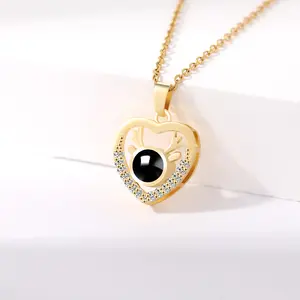 Valentine's Day Gift 18K Gold-plated Zircon Heart Deer Necklace I Love You In 100 Languages Necklace Woman