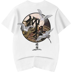 FOXA Men's Flying <b>Cranes</b> Embroidered T-Shirt Short Sleeve 100% Cotton Graphic Streetwear Machine Wash - Product Image 1