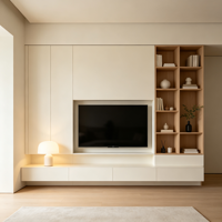 Meuble TV mural intégré en chêne blanc crème avec niche en U et éclairage LED pour condo de luxe et espace ouvert haut de gamme
