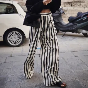 Celana panjang wanita, celana panjang pinggang tinggi bergaris hitam putih santai kerja gaya Perancis baru minimalis elegan