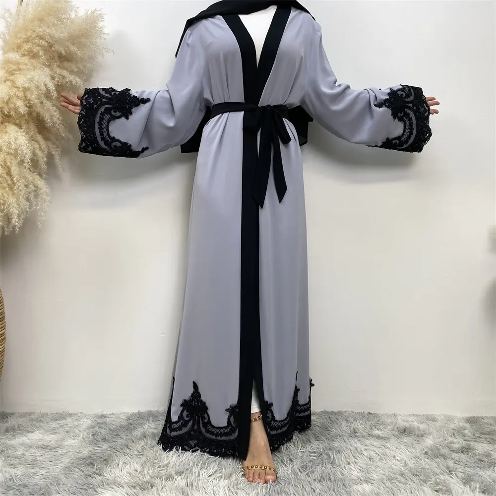 Alta Qualidade Lace Bordado Vestuário Vestido Abaya Muçulmano Casual Plain Color Cardigan Vestido De Manga Longa Kaftan Frente Aberta