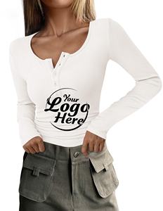 Chemisier lourd à manches longues chemises femmes 2025 automne à manches longues t-shirts bouton côtelé tricot coupe ajustée décontracté basique hauts - Product Image 4