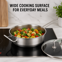 Poêle à frire profonde en acier inoxydable OEM 24 cm 3 QT avec logo personnalisé, couvercle en verre trempé, compatible induction pour cuisines de restaurants et d'hôtels
