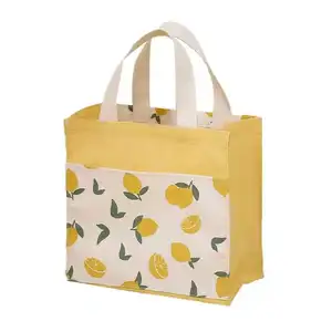 Portable orange cotton line fabric shopping bag daily simple cloth bag with front pocket