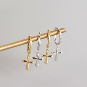 Dylam NO MOQ Stylish 925 Sterling <b>Silver</b> Rhodium Plated Simple Design Dangle Cross <b>Hoop</b> <b>Earrings</b> for Women - Product Image 2