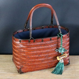 Bamboo Woven Handbag Vintage Women's <b>Tote</b> Basket Solid Color <b>Canvas</b> Lining Bamboo Craft Gift Bag - Product Image 2