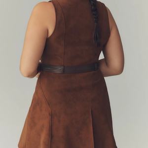 Nuevo Vestido Mini sin Mangas para Mujer, con Botones, de Ante Sintético, Cuello en V, con Lazos en la Espalda, Estilo Casual de Verano - Product Image 4