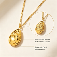 Collier Pendentif Goutte d'Eau Irrégulière Minimaliste Plaqué Or PVD 18K, Texturé Martelé Organique, Bijou Tendance
