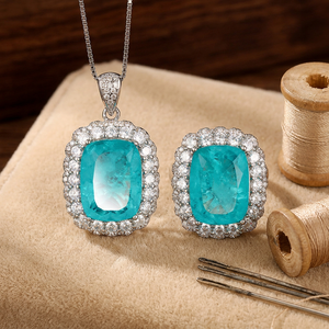 Geometric 12*16mm Cubic Zirconia <b>Ring</b> and Pendant CZ Bezel Set Copper White Gold Plated <b>Blue</b> Stone Women's Vintage Jewellery Set - Product Image 4