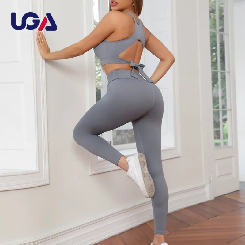 Date femmes Gym Fitness Sexy dos ouvert haut court soutien-gorge de sport taille haute contrôle du ventre Leggings Yoga ensemble