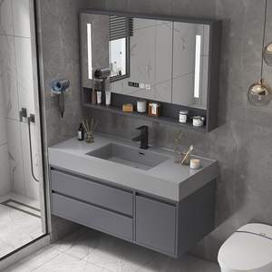 Liquidation Meuble sous-vasque carré de salle de bain moderne de luxe en PVC Armoire murale en bois avec miroir LED MDF <span class=keywords><strong>et</strong></span> évier résistants à l'eau - Product Image 2
