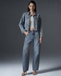 Ensemble deux pièces en jean pour femme en jean élégant délavé avec haut à manches longues et pantalon à jambes larges pour un style de bureau moderne - Product Image 2
