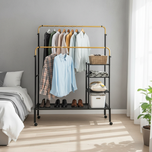 Height Adjustable Rolling Double Rods Garment <b>Rack</b> with Hanging Bars for <b>Clothes</b> <b>Racks</b> & Rails - Product Image 3