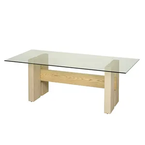 Factory Hot Sale Tempered Glass Dining Table Wood And Clay Finished Legs Kitchen For 6-8 People