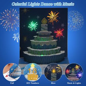 Pop Up anniversaire cartes de voeux avec enveloppe 3D joyeux anniversaire cartes-cadeaux gâteau bougies feu d'artifice lumière LED musique bricolage numéros - Product Image 2