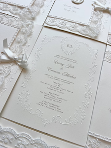 Invitations <span class=keywords><strong>de</strong></span> <span class=keywords><strong>mariage</strong></span> en relief floral blanc ivoire, avec bordure en dentelle vintage, ruban et nœud, monogramme personnalisé, sceau <span class=keywords><strong>de</strong></span> cire, cartes <span class=keywords><strong>de</strong></span> vœux pour lui et pour elle - Product Image 3