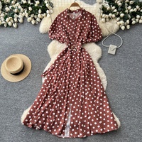Robe longue décontractée pour femmes à pois, manches courtes bouffantes, coupe trapèze, avec ceinture et boutons, pour un usage quotidien