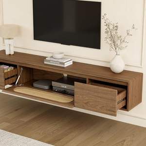 Meuble TV de salon moderne personnalisé table basse murale tiroir en forme de vague en bambou et rotin avec panneau de blister en option - Product Image 3