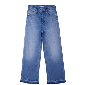 Jean décontracté taille haute pour femme, coupe large, couleur unie, cinq poches, ourlet dégarni, élégant, en denim délavé 10,85 OZ - Product Image 1