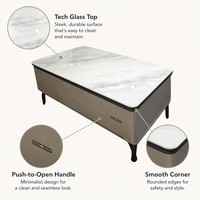 Table basse de salon familiale moderne en verre éco-responsable avec tiroir à fermeture douce sans poignée, aspect marbre, sécurité enfant, vente en gros