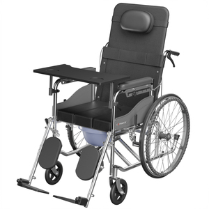 Silla de Ruedas Premium de 6 Posiciones Completamente Reclinable con Reposapiés Ajustable, Bandeja y Mesa, Estructura de Acero, Neumáticos Sólidos y Frenos Dobles - Product Image 1