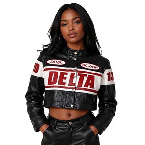 Blouson moto court en peau de mouton véritable rouge, coupe ajustée, avec broderie Delta Zeta DST pour Sigma Chi Eta Alpha Epsilon Pi - Product Image 2