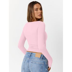 2025 Trendy Queen Womens Crop Slim Fit Camisetas básicas Manga larga Doble forro Cuello cuadrado Capa informal Método de tejido de punto - Product Image 4