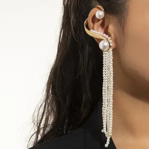 One Piece Korean Long Tassel Ear Cuff Girls No ear Piercing Full Pearl Big Clip Earrings For Women Gift Jewelry
