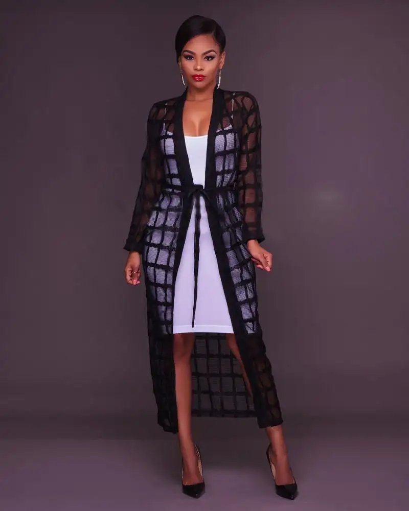 N315Wholesale hot style mesh perspective belted long-sleeved dress