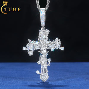 Hip Hop Kreuz Serie Religiöser Schmuck 925er Sterlingsilber VVS Moissanit Diamant Dornen Kruzifix Jesus Anhänger - Product Image 1