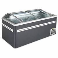 Congelador Comercial de Gran Capacidad Tipo Isla con Tapa de Vidrio Transparente, Enfriamiento Directo, Descongelación por Gas Caliente y Control Digital