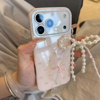 Coque de téléphone antichoc en PC rose avec nœud et cordon, style délicat, pour 17/16/15/14/13 Pro Max