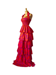 Robe longue smockée pour femme, imprimée deux couleurs, avec volants, pour soirée, grandes tailles S-2XL - Product Image 3