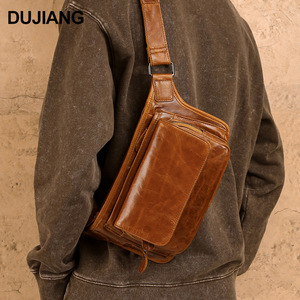 Dujiang Genuine Leather Recyclable Chest <b>Bag</b> Men's Crossbody <b>Sling</b> Fanny Pack Outdoor Casual Wearable Brown Oil Coffee Black - Product Image 2