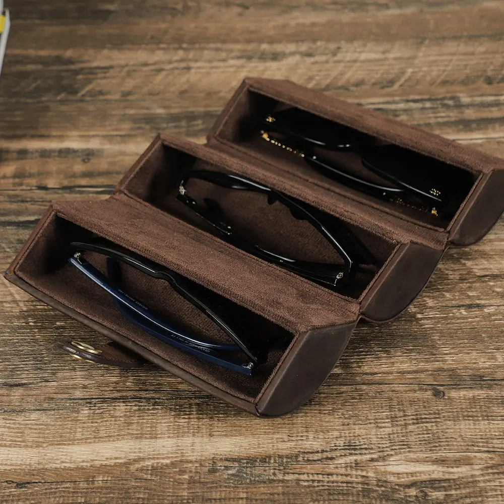 Kotak kacamata hitam portabel pria, kotak kacamata perjalanan kulit mewah rol Organizer kacamata 3 pasang Vintage, Kustom