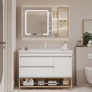 Mueble de baño sencillo de madera maciza con lavabo integrado de curvado en caliente - Product Image 4