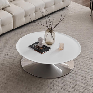 Mesa de Centro de Diseño Moderno con Forma de Platillo Volador, Estructura de Acero Inoxidable Resistente, Panel Superior de Madera, Mueble Ligero para el Hogar - Product Image 1