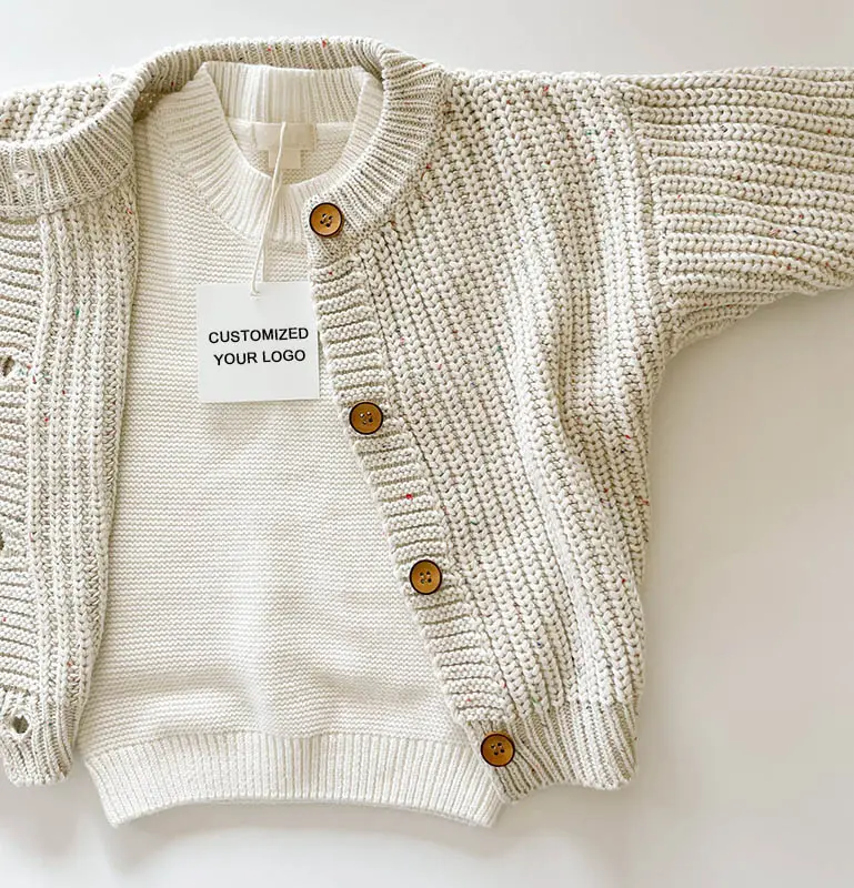 Custom Logo winter speckled chunky knit cardigan baby sweater kids boys girls 100%cotton thick knitted baby cardigans