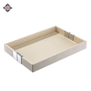 Hotel Serving Tray Customised Light Luxury Silver Stainless Steel Upscale Leather Square Metal Storage Trays Accept Logo Print