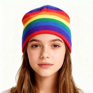 หมวกไหมพรมเด็ก 7 สี ลายรุ้ง  ถักลายเส้นสีสันสดใส  อะคริลิกกันหนาว  สำหรับเด็ก  พร้อมโลโก้สั่งทำ - Product Image 1