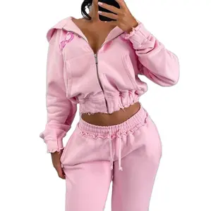 Custom Hoodies And Sweatpants Set Fleece Terry Pink Distressed Zip Hoodie Women Tracksuits Workout 2 Piece Women's Sets