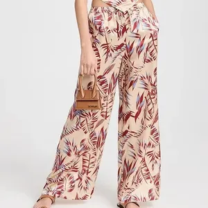 2024 Hot Custom Palm Print Silky Satin Wide Leg Drawstring Pants Women Summer Beach Casual Chill Covered Elastic Waist Pants