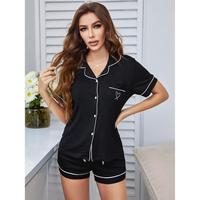 Quantité minimale de commande bas haute qualité mignon coeur logo couleur unie noir viscose modal deux pièces demoiselle d'honneur pyjama bas court pys ensemble pour les femmes