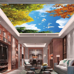Papel pintado de foto personalizado techo 3D cielo azul nubes blancas ramas de flores palomas blancas decoración de pintura de pared grande - Product Image 3
