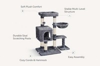 Árvore de Atividades Moderna para Gatos com Superfície de Veludo, Ecológica, em Aglomerado E0, Poste Arranhador de Sisal e Madeira, Estação de Brincadeiras Interna de 4 Níveis para Pets