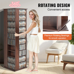 Tour de rangement DVD rotative haute avec étagères réglables, meuble multimédia en bois anti-basculement avec étiquettes de classification - Product Image 2