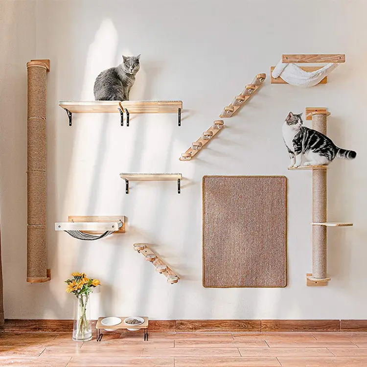 High Quality Solid Wood Wall Mounted Cat Scratcher Shelf Cat Hammock Wall Mounted Cat Tree Wall Climbing Frame
